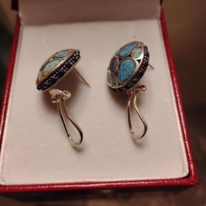 Sterling Silver Lapis Turqoise Inlay Earrings with Omega Backs .925 Stamped